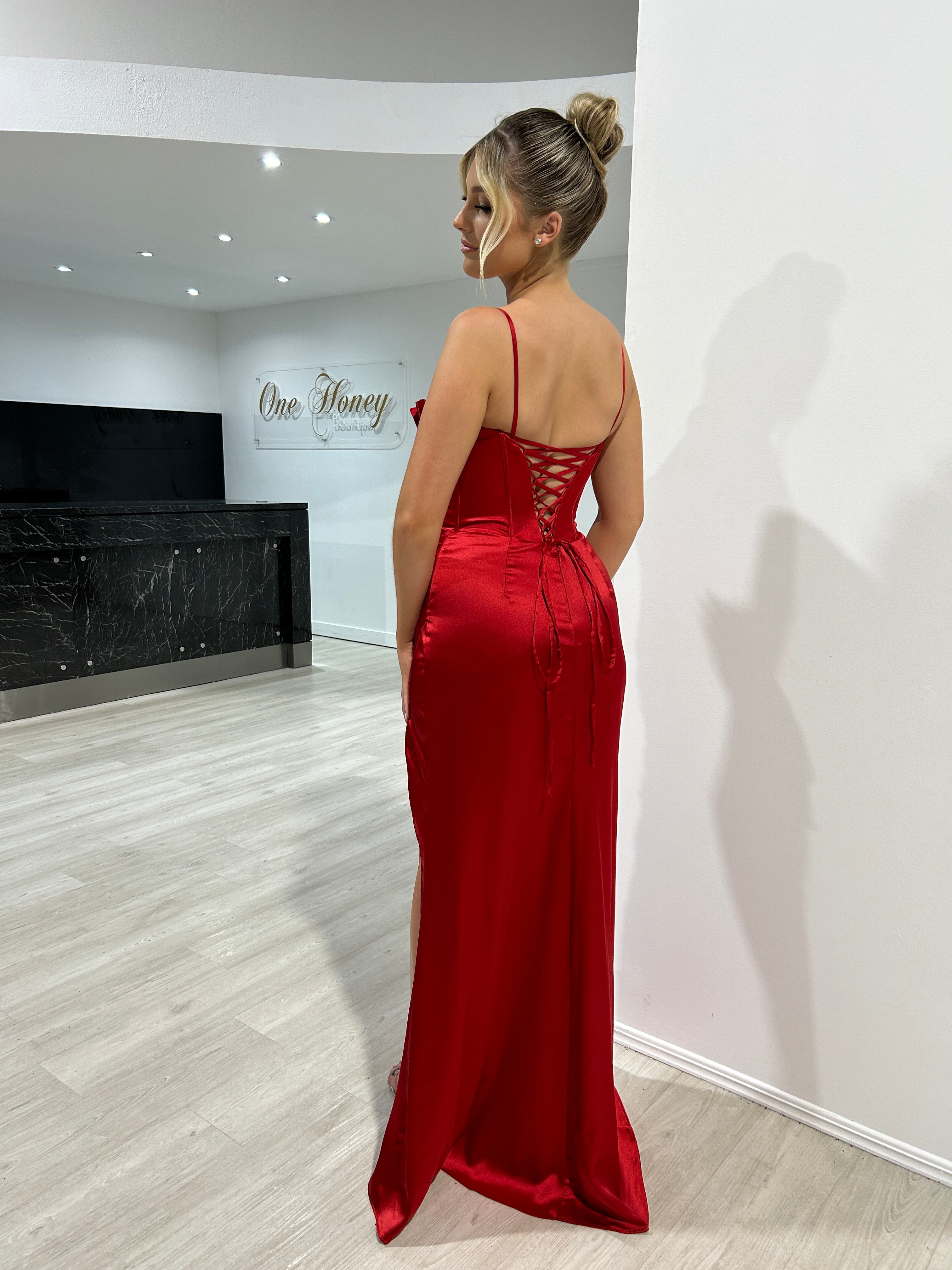 SERAFINA Satin Corset Mermaid Formal Dress with lace-up back, perfect for evening wear. Brisbane to Gold Coast, Australia.