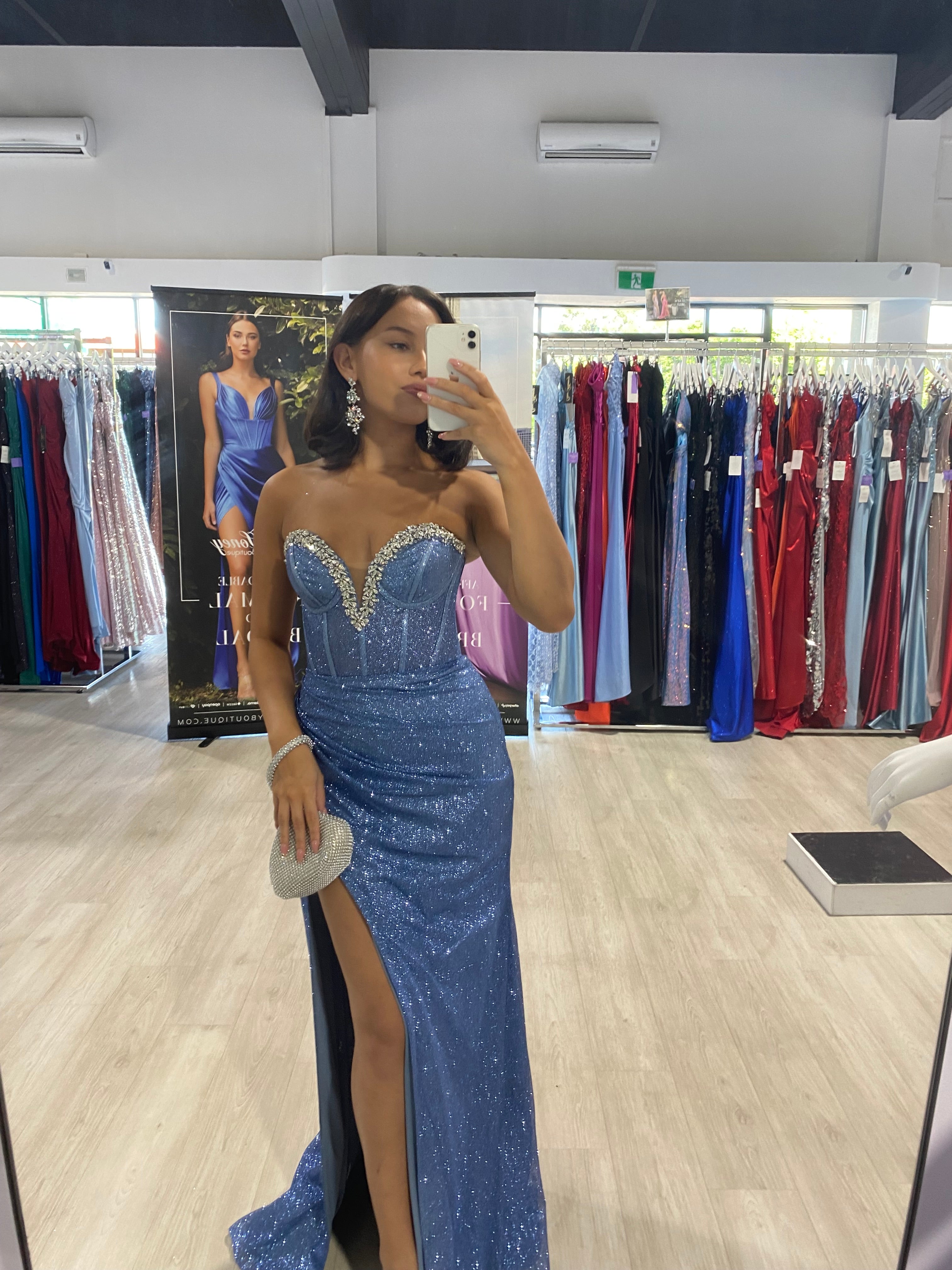 CHANTEL Glitter Crystal Bustier Corset Prom & Formal Dress with sweetheart neckline, sparkling blue fabric, Brisbane to Gold Coast
