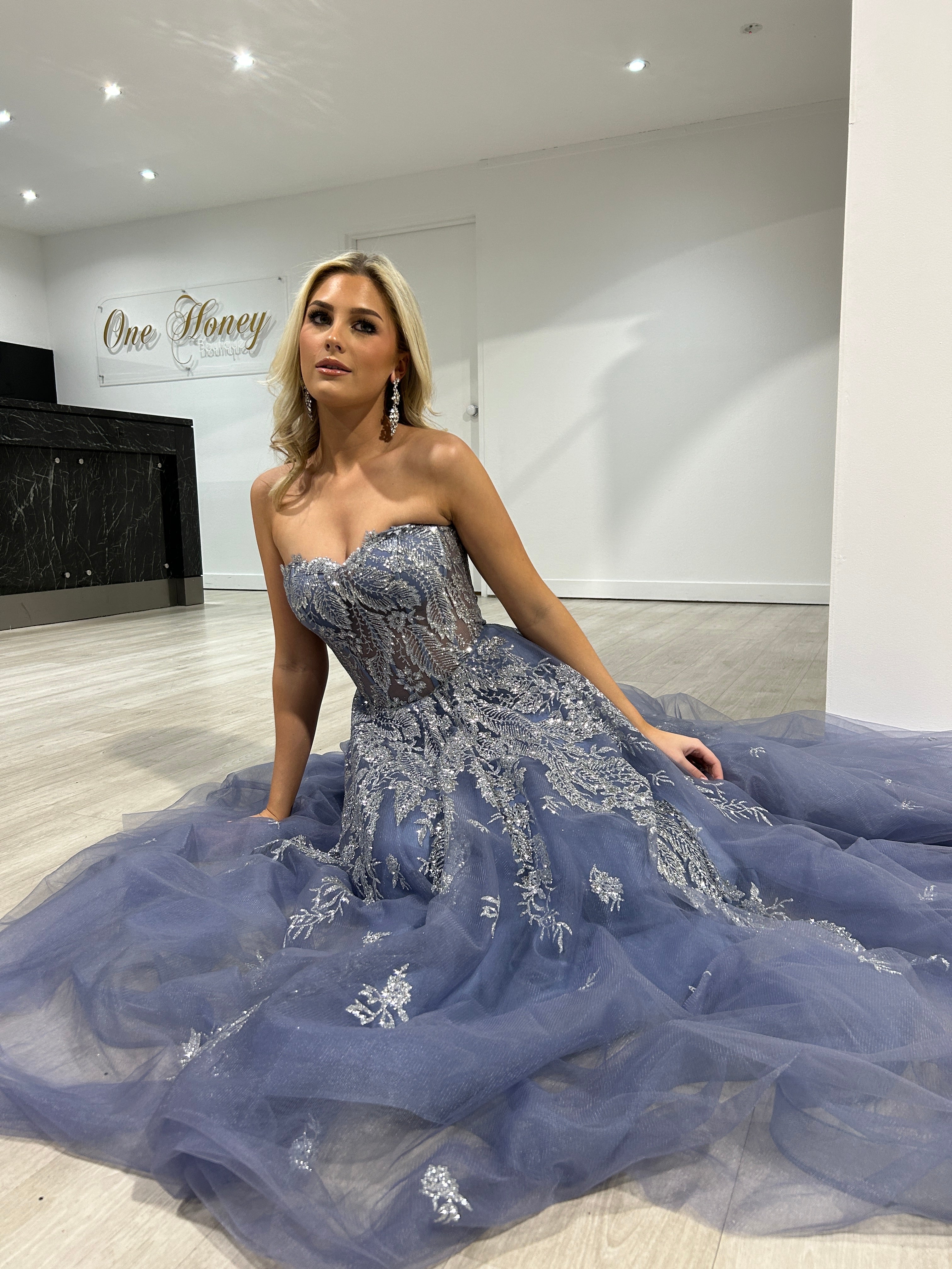 MERCER strapless glitter ball gown with sheer lace bodice and corset back, perfect for prom events. Brisbane to Gold Coast, Australia.