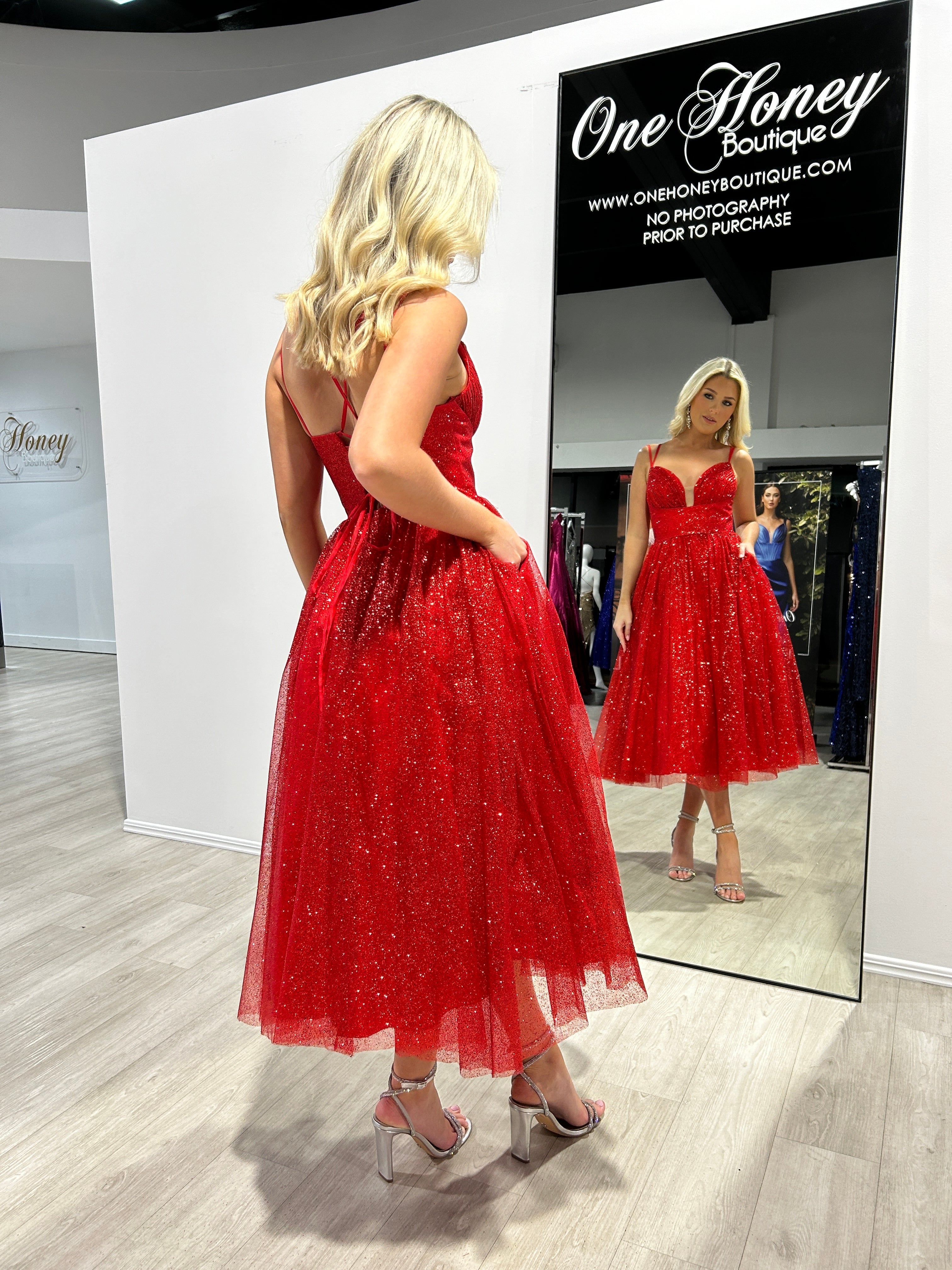 CAM Glitter Tea Length Ball Gown featuring a glitter corset and tulle skirt, perfect for evening events. Available Brisbane to Gold Coast.