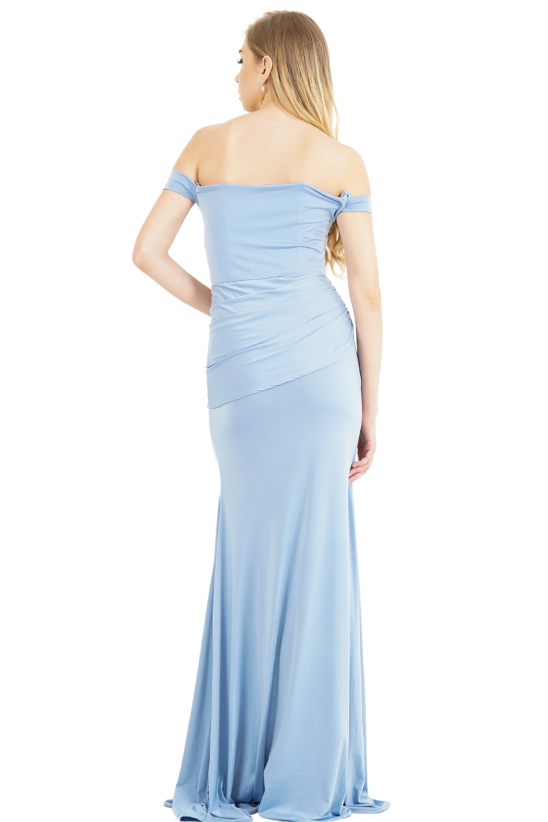 Pia Gladys Perey LAURA Silk Jersey Off Shoulder Mermaid Bridesmaid Dress with draped waist, Brisbane to Gold Coast.