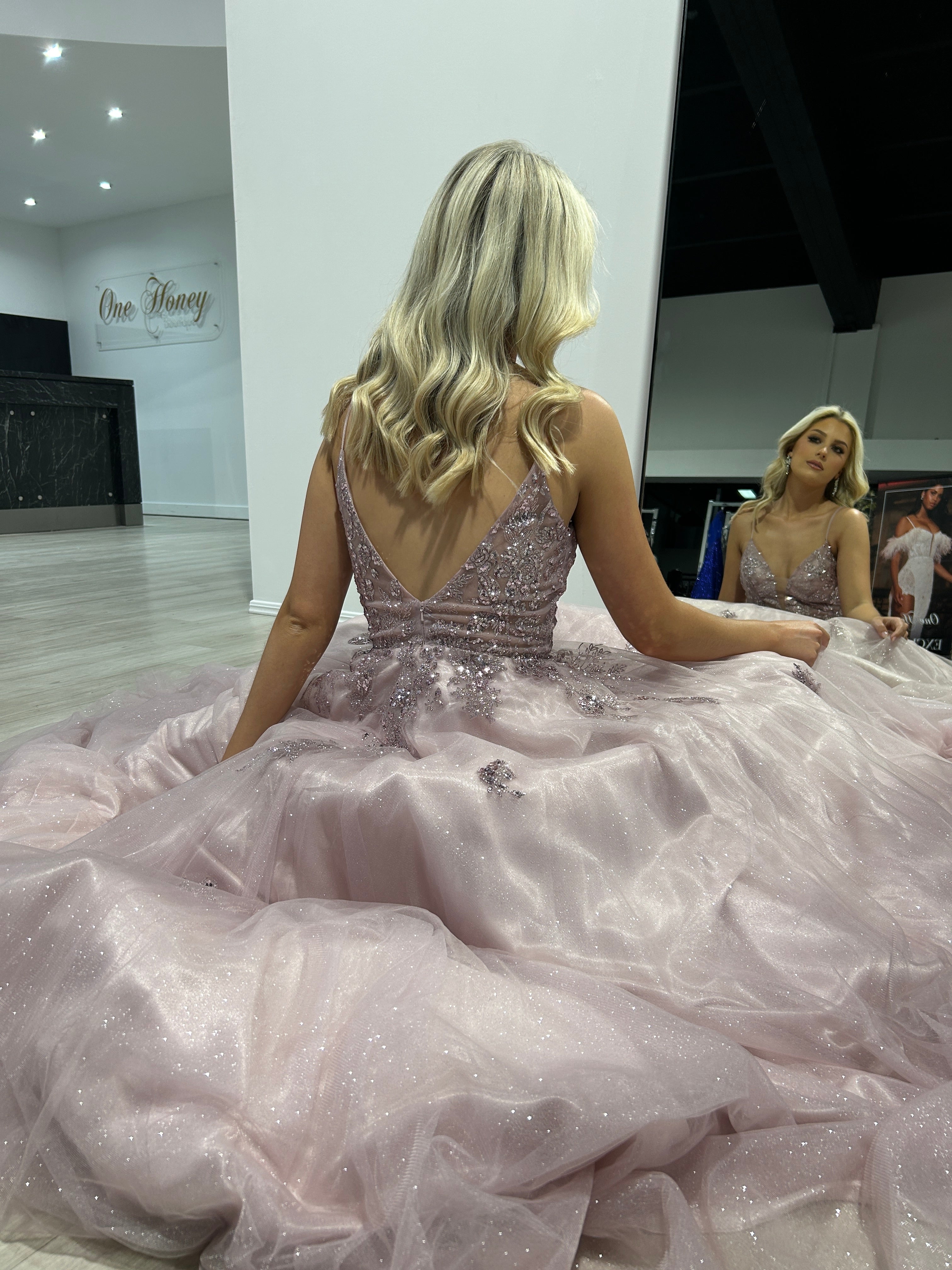 Honey Couture IRENA Dusty Rose Tulle Glitter A Line Formal Dress by Australian Designer, perfect for prom or evening events.