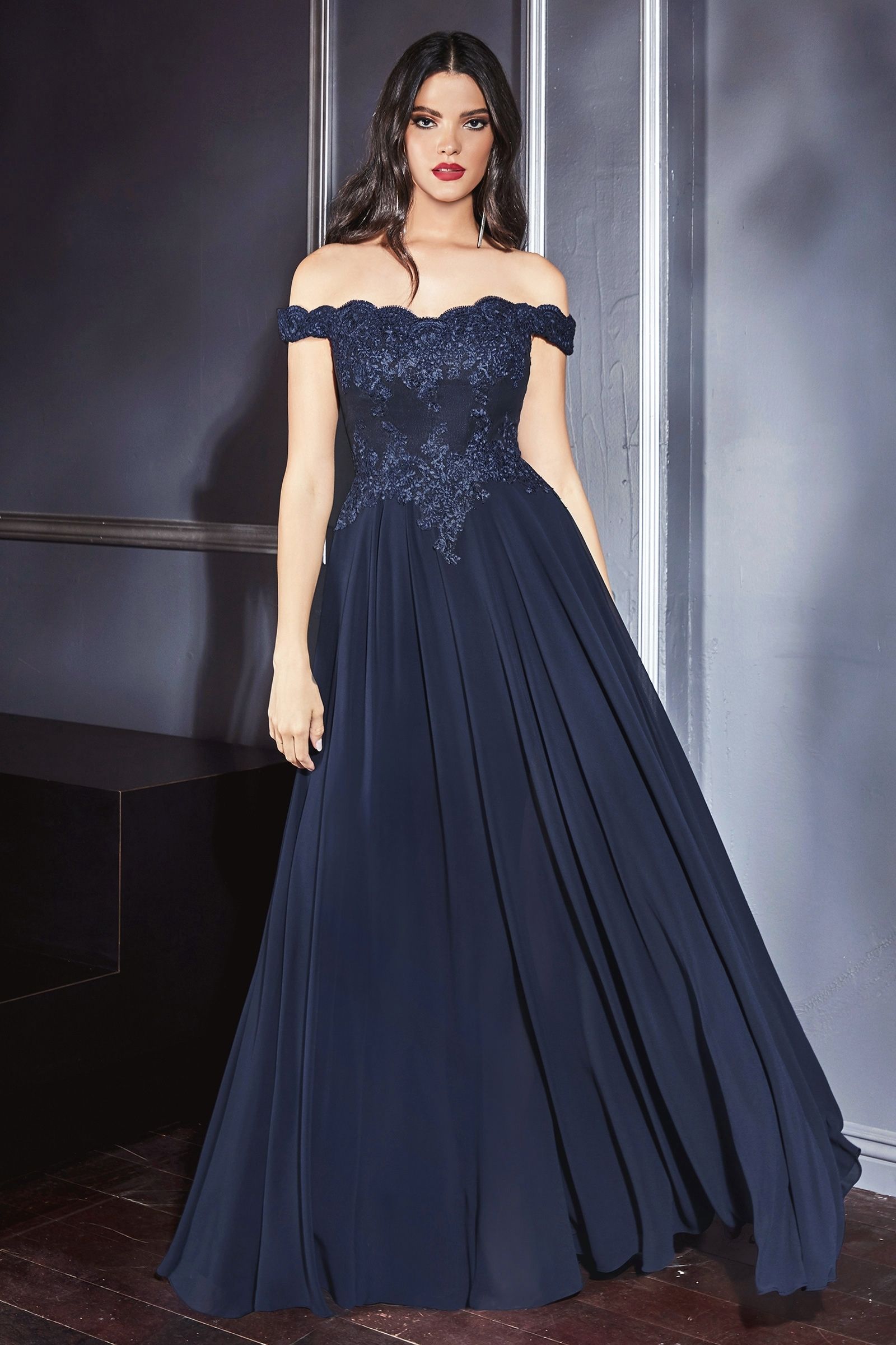 CARMEN Lace Applique Chiffon Bridesmaid Formal Dress with off-shoulder neckline, perfect for elegant occasions, Brisbane to Gold Coast.
