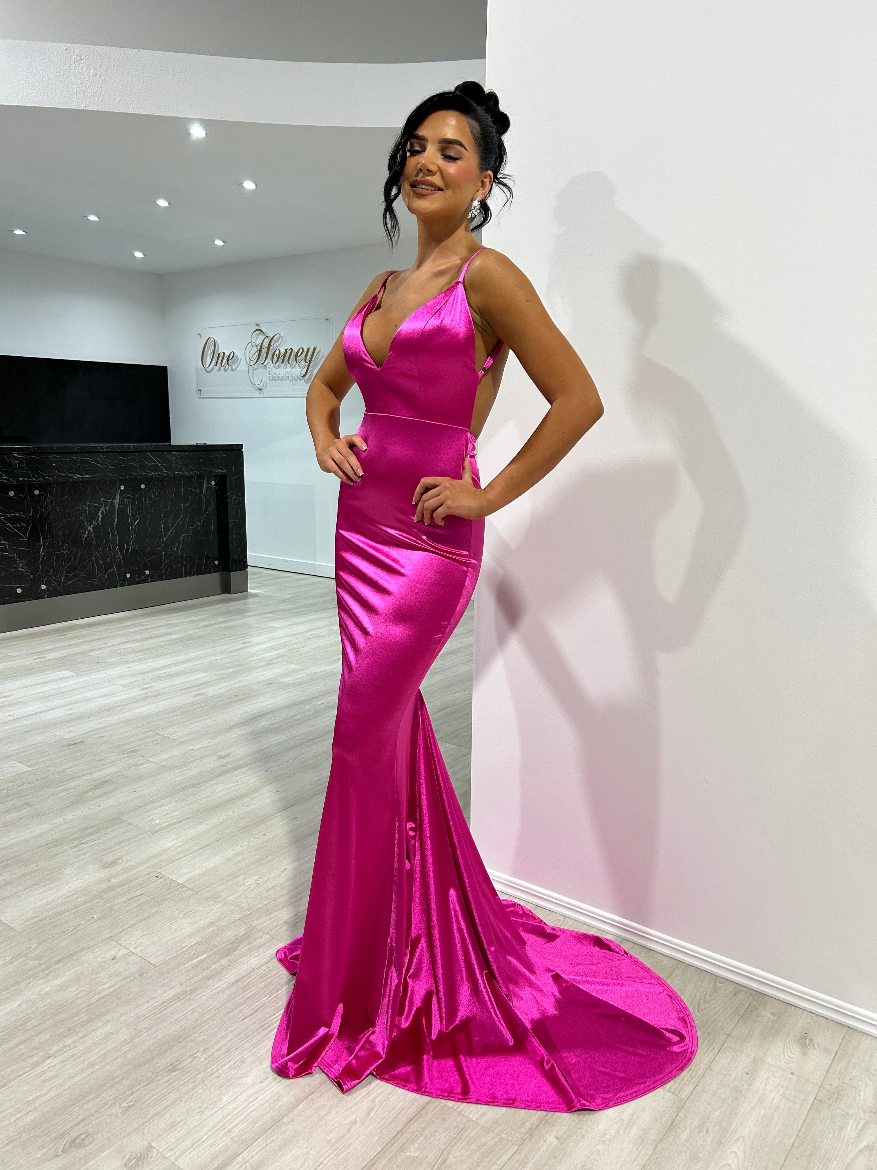 Honey Couture Kylie Fuchsia Low Back Bum Ruched Mermaid Evening Gown Dress