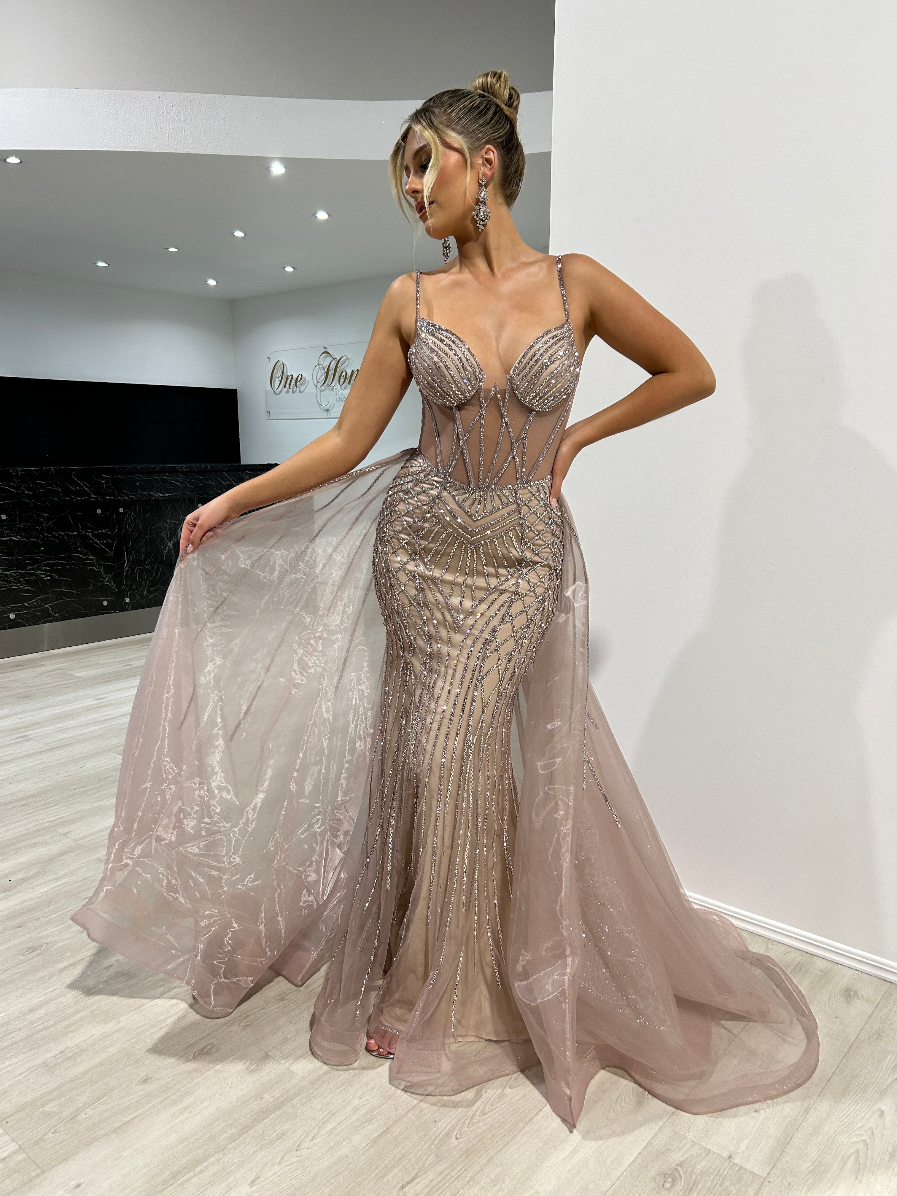 RESTORA Couture fitted beaded prom gown with layered tulle skirt, perfect for elegant evening events. Brisbane to Gold Coast.