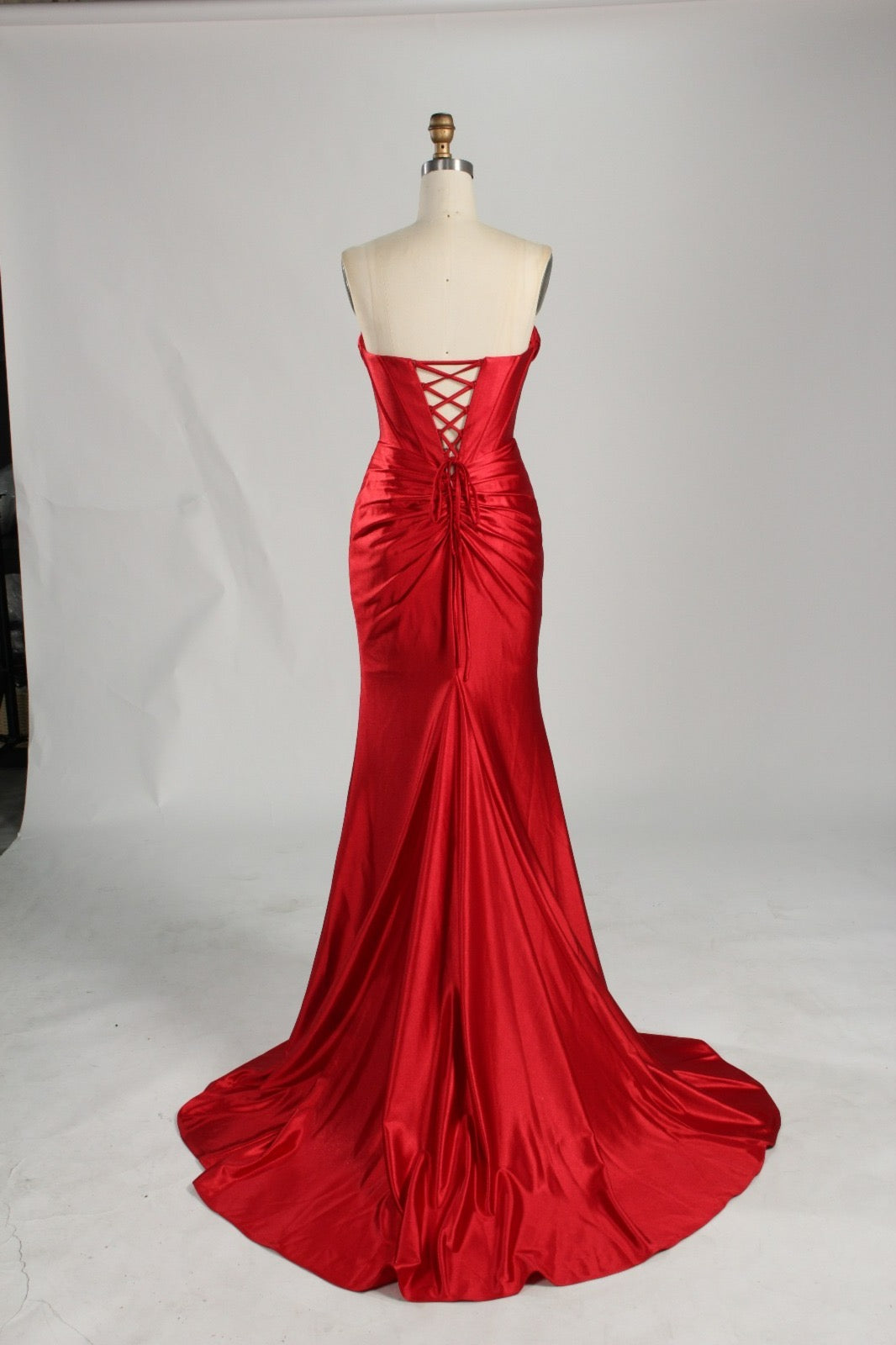 Honey Couture NOLANI Satin Boned Bustier Mermaid Formal Dress in red, featuring a corset back and mermaid train for prom elegance.