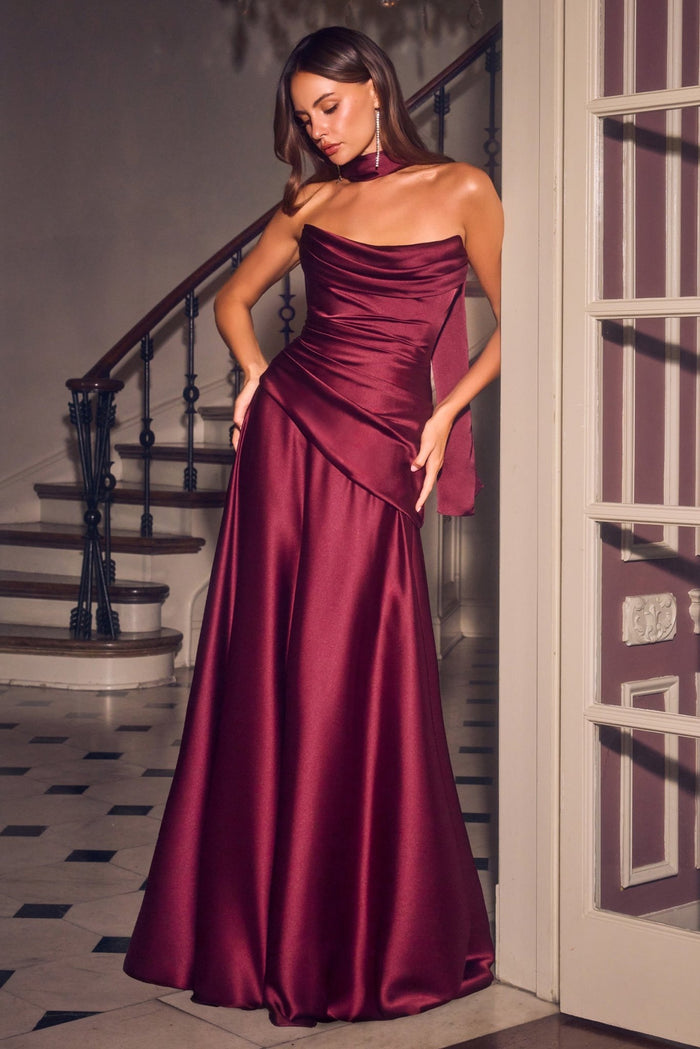 GLYDON Satin Strapless A-Line Corset Formal Gown with Scarf