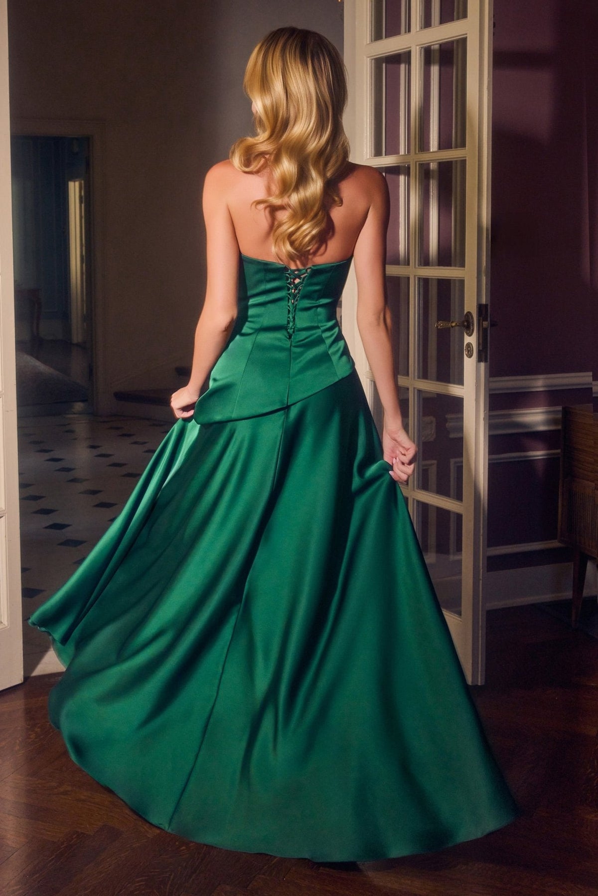 GLYDON Satin Strapless A-Line Corset Formal Gown with Scarf