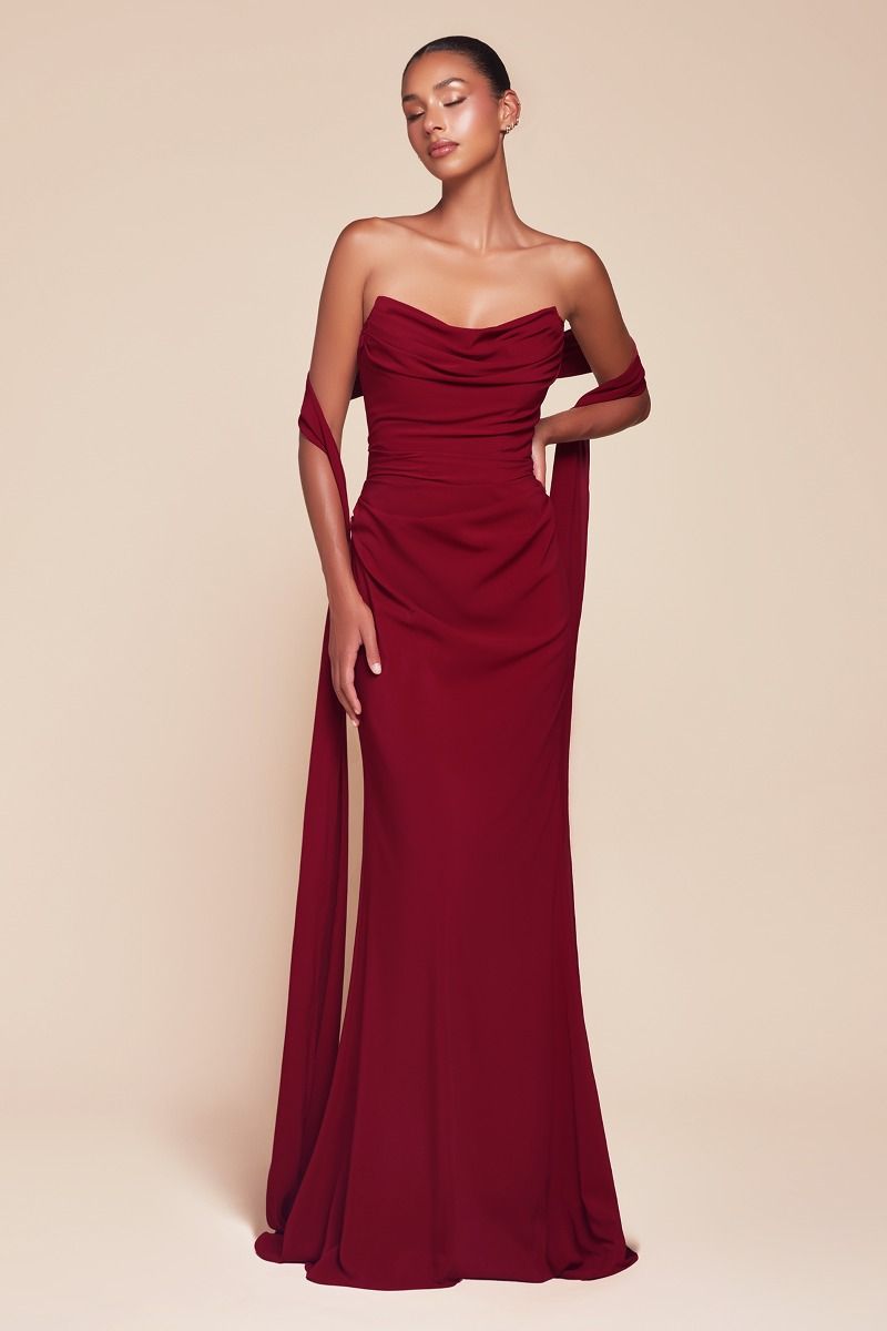 IRINA Neck Sash Tie Chiffon Bridesmaid Dress with scoop neckline and gathered bodice, Brisbane to Gold Coast.