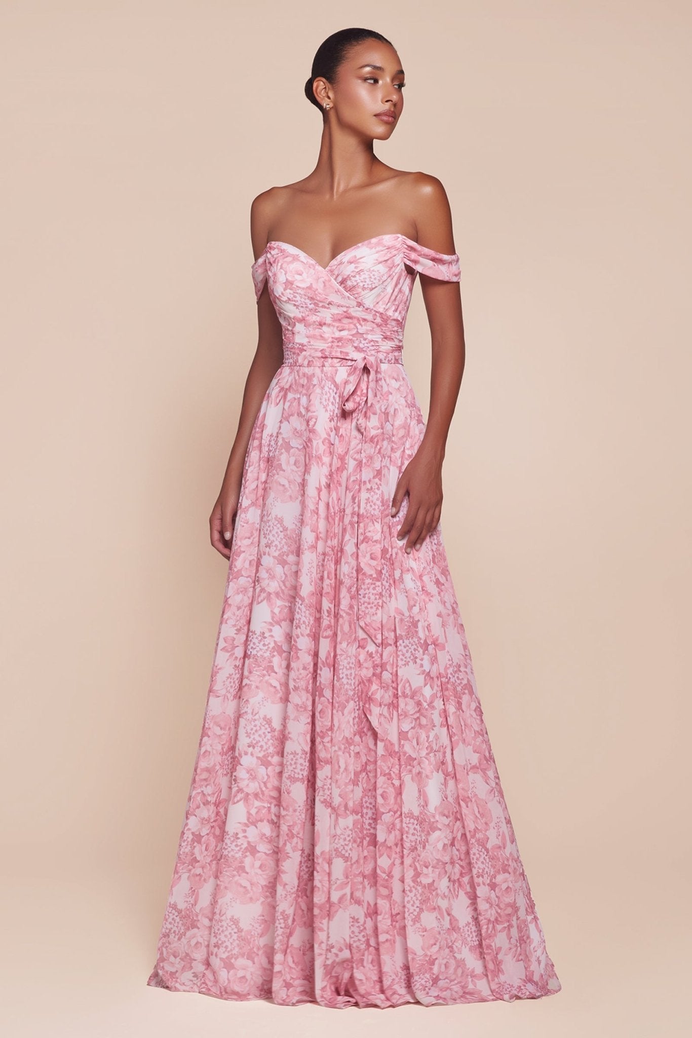 JELENA floral off-the-shoulder A-line bridesmaid dress with pleated bodice, perfect for weddings Brisbane to Gold Coast, Australia.