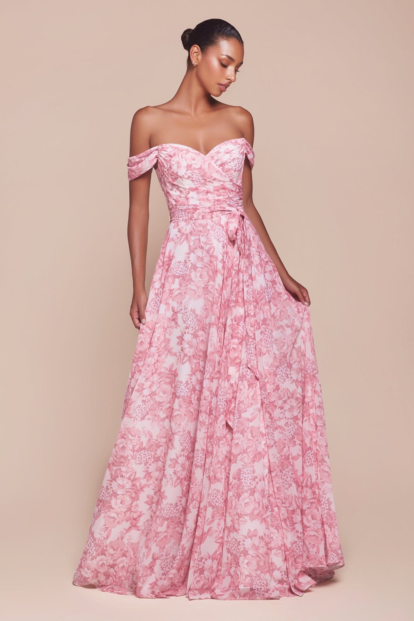 JELENA Off The Shoulder Floral A-Line Bridesmaid Dress with sweetheart neckline, Brisbane to Gold Coast.
