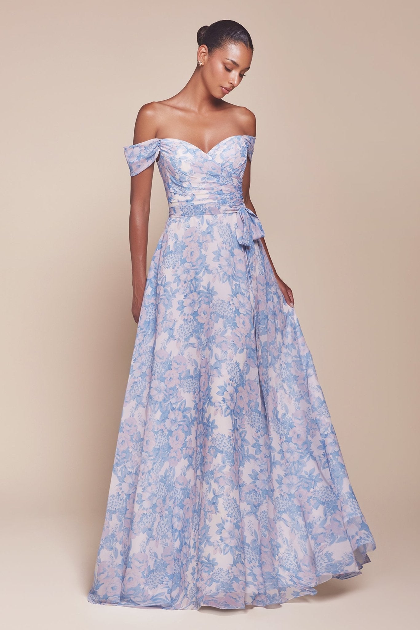 JELENA floral off-the-shoulder A-line gown with satin pleated bodice, bridesmaid dress. Brisbane to Gold Coast, Australia.