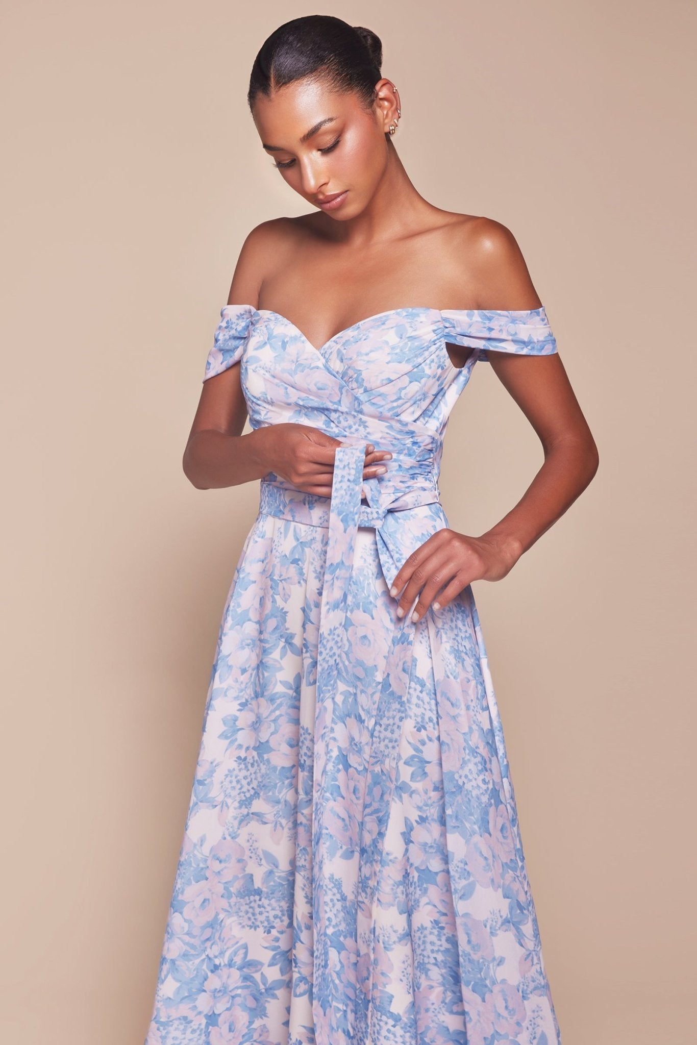 JELENA Off The Shoulder Floral Printed A-Line Bridesmaid Dress with pleated bodice, evening gown. Brisbane to Gold Coast.