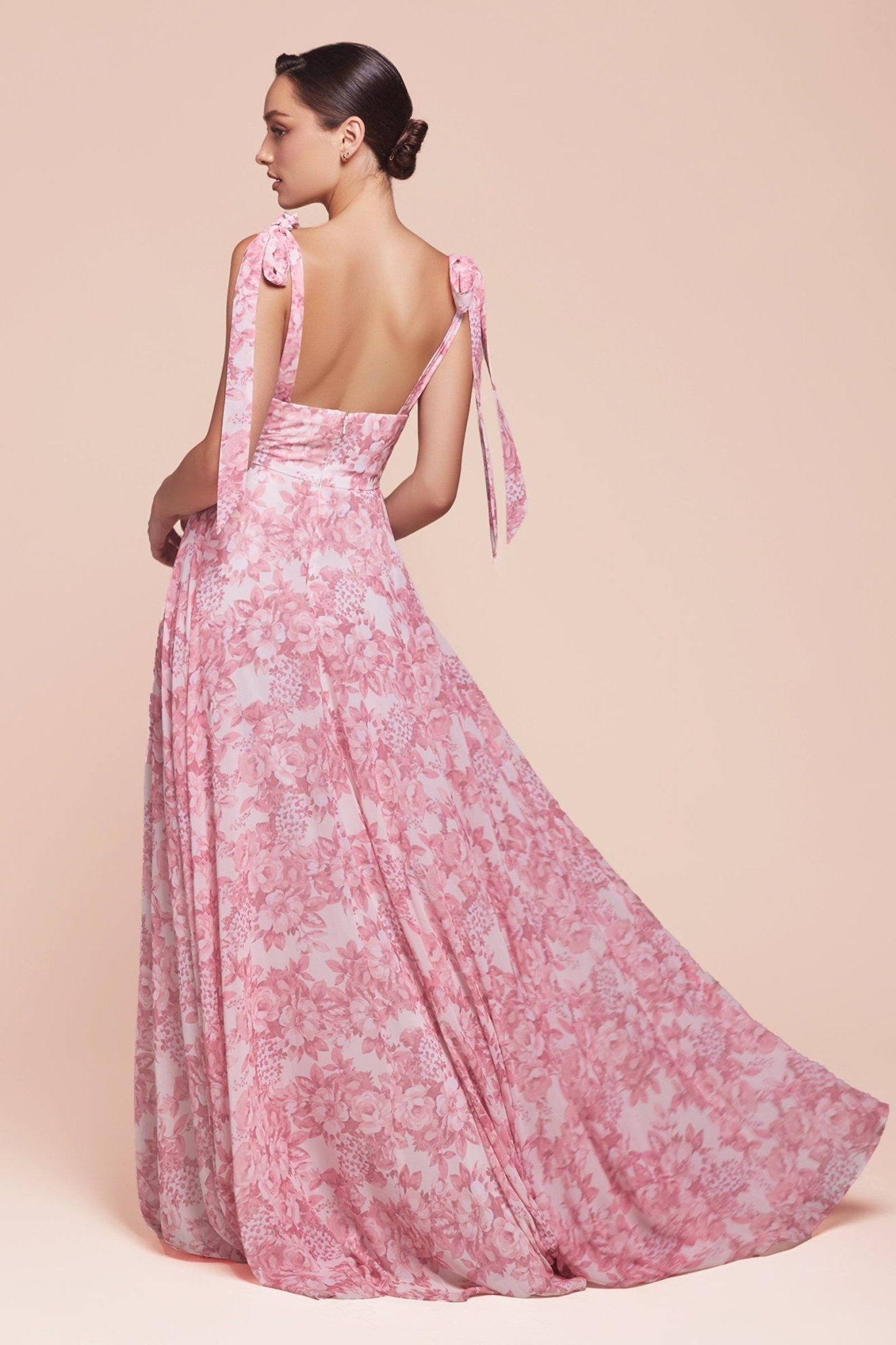 ALENA floral printed bridesmaid dress with tie straps, open back, and flowing A-line silhouette. Elegant for Brisbane to Gold Coast.