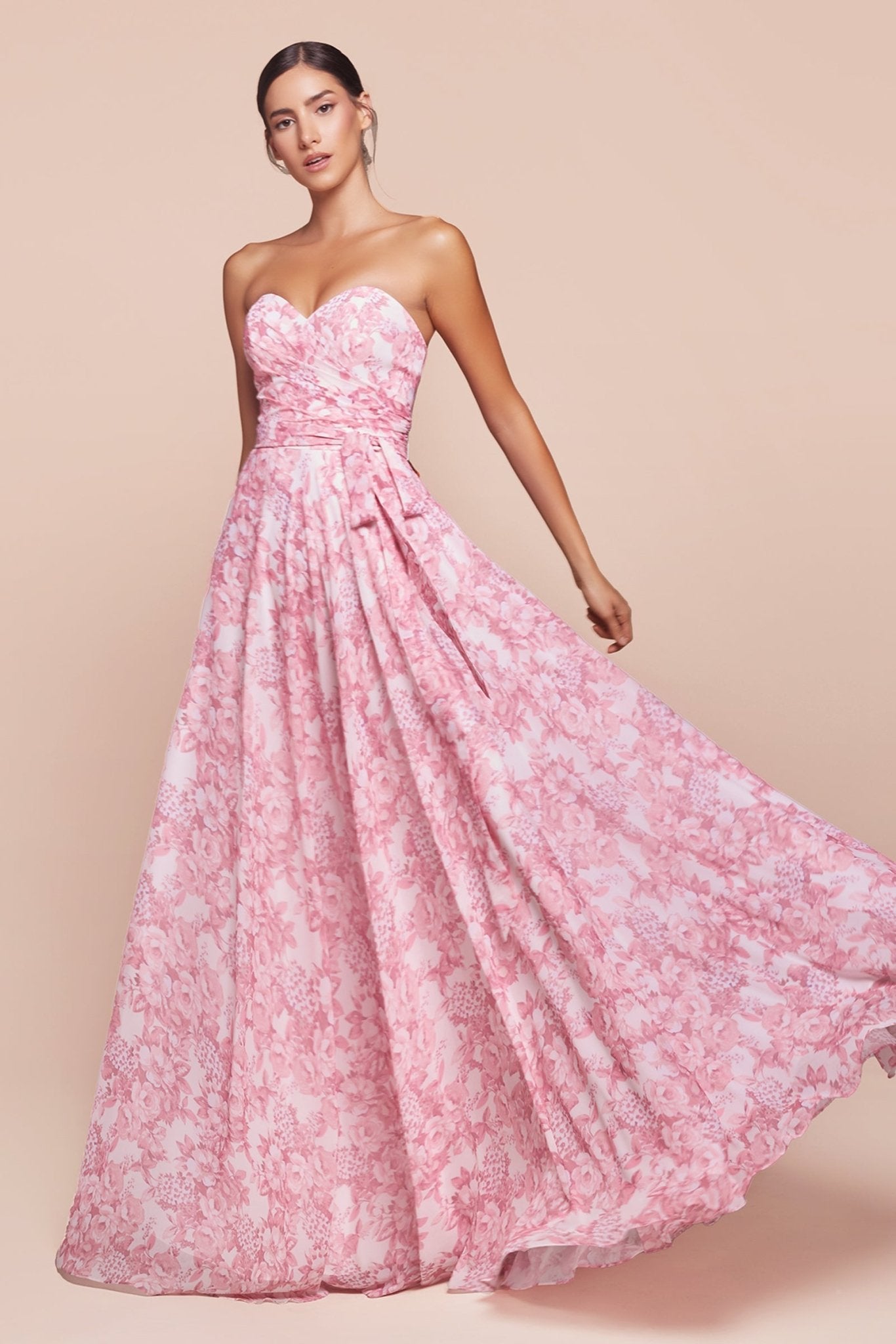 HELENA strapless sweetheart floral satin A-line bridesmaid gown with gathered waistline, flowing elegance from Brisbane to Gold Coast.