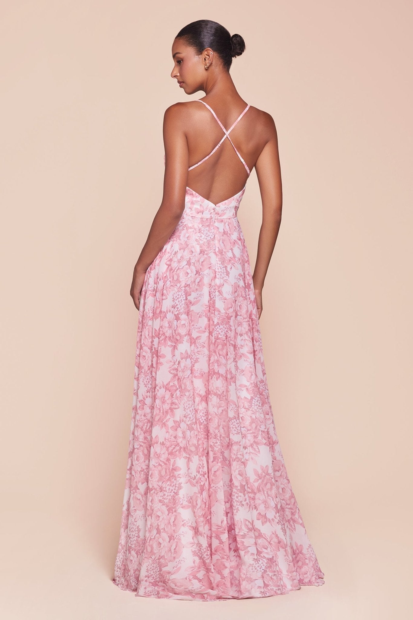 KARINA A-Line dress, pink floral satin with a crisscross back, elegant bridesmaid gown. Perfect for formal events from Brisbane to Gold Coast.