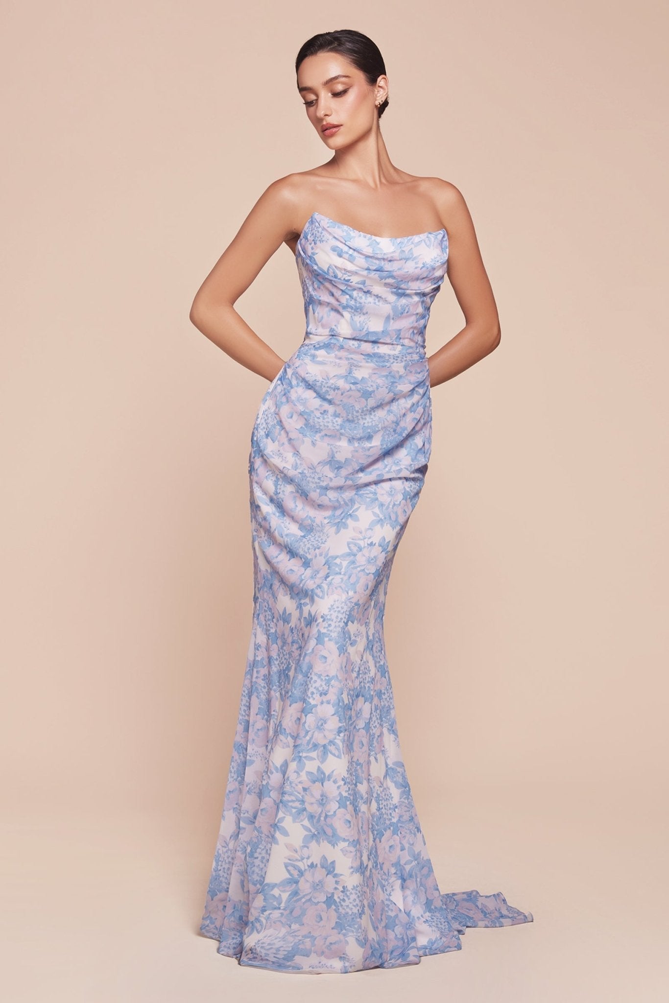 SELENA strapless floral printed satin bridesmaid dress with scoop neckline, fitted silhouette. Brisbane to Gold Coast, Australia.