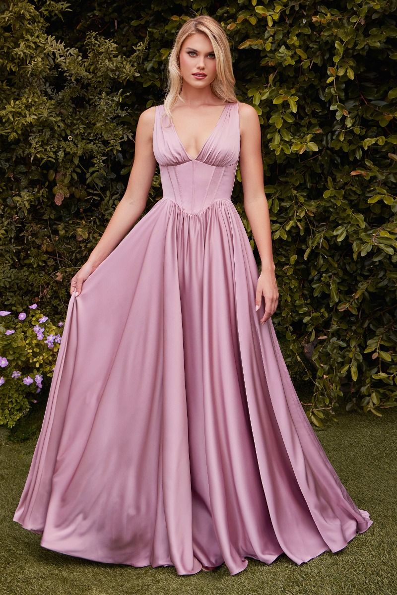 SOVANN Soft Satin Corset A Line Prom Dress with V-neckline and pleated bodice. Elegant evening gown from Brisbane to Gold Coast.