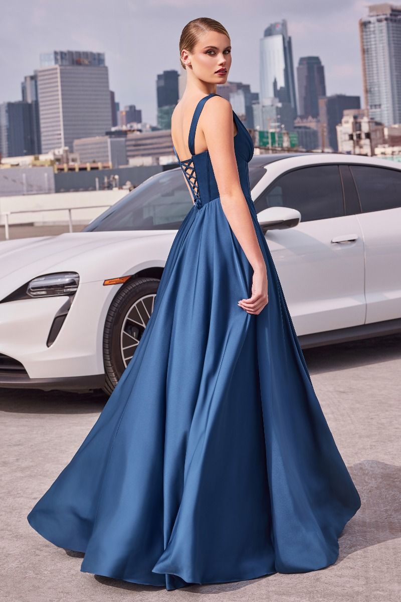 SOVANN elegant blue satin A-line evening gown with lace-up back, perfect for formal occasions. Brisbane to Gold Coast, Australia.