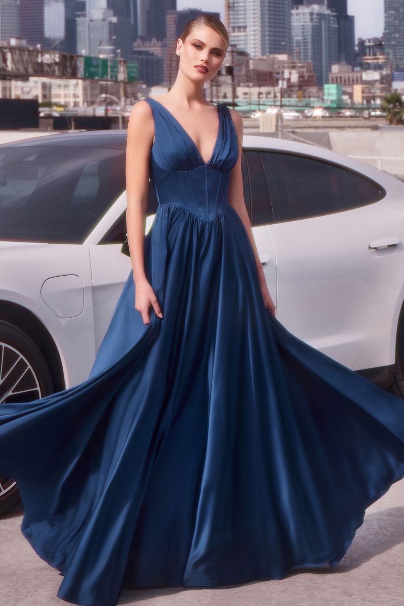 SOVANN Soft Satin Corset A Line Prom Dress with pleated bodice and V-neckline, perfect for formal events. Brisbane to Gold Coast.