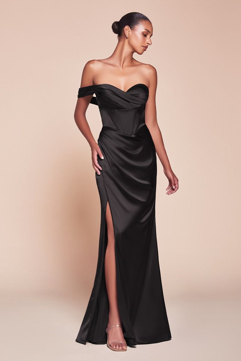 ANYA one-shoulder satin corset dress with leg slit, bridesmaid or formal gown, sleek black design, Brisbane to Gold Coast.