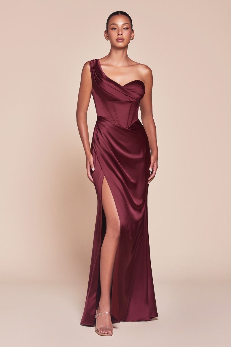 ANYA elegant one-shoulder satin dress with a pleated neckline and leg slit, perfect for semi-formal events. Brisbane to Gold Coast.