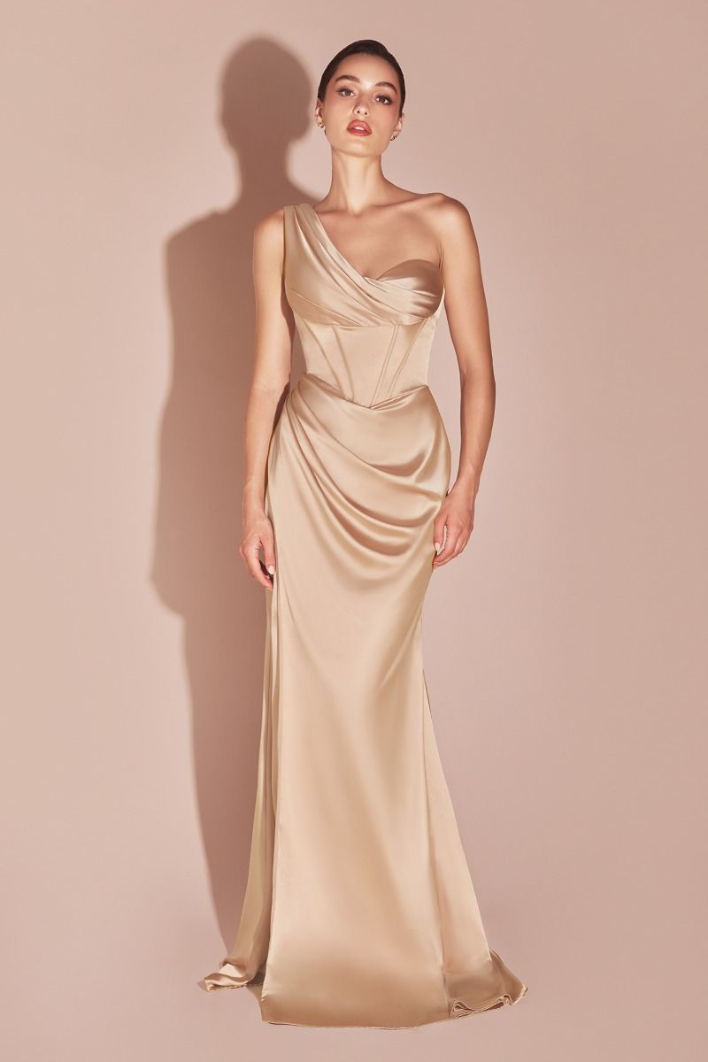 ANYA One Shoulder Satin Corset Bridesmaid Dress with pleated neckline and leg slit, perfect for formal events. Brisbane to Gold Coast.