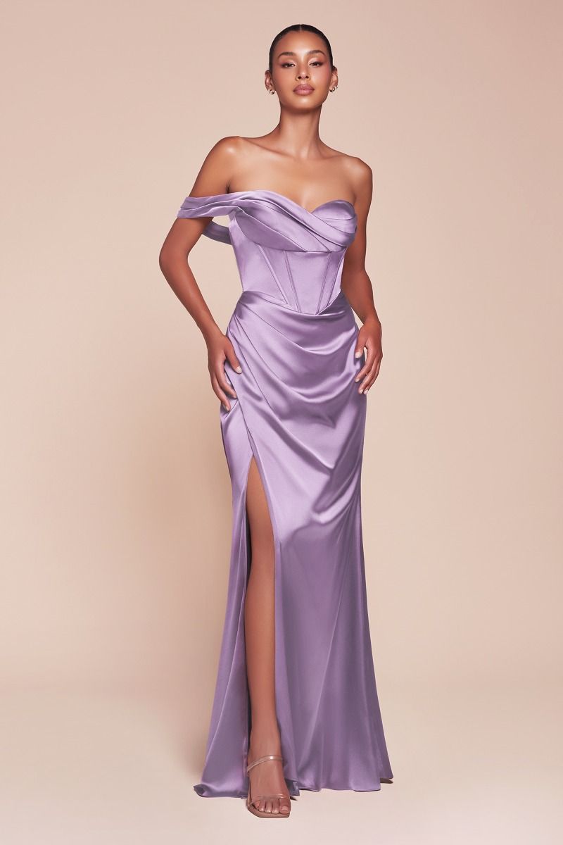 ANYA One Shoulder Satin Corset Dress with pleated neckline and leg slit, semi formal gown. Brisbane to Gold Coast, Australia.