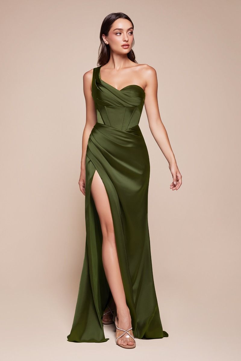 ANYA One Shoulder Satin Bridesmaid Dress with pleated neckline and leg slit, perfect for formal events. Brisbane to Gold Coast.
