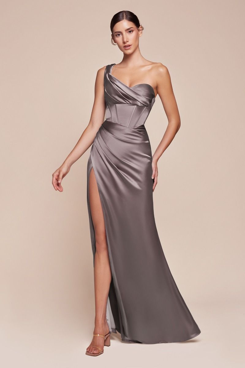 ANYA One Shoulder Satin Corset Dress with pleated neckline and leg slit, semi formal gown, Brisbane to Gold Coast, Australia