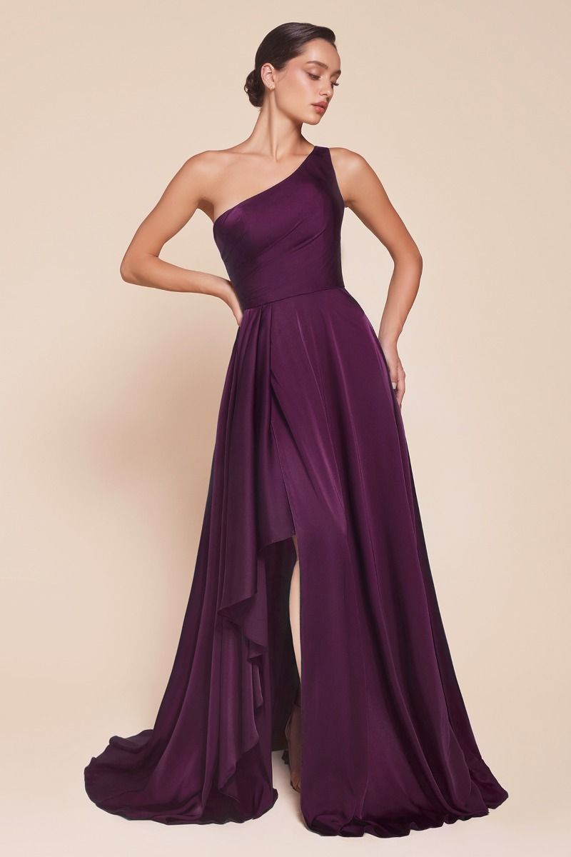JASMINA elegant one-shoulder A-line satin dress with asymmetrical skirt. Perfect for formal events. Brisbane to Gold Coast, Australia.