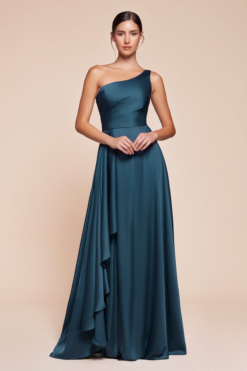 JASMINA satin one-shoulder A-line bridesmaid dress with asymmetrical skirt, perfect for weddings or formal events. Brisbane to Gold Coast.