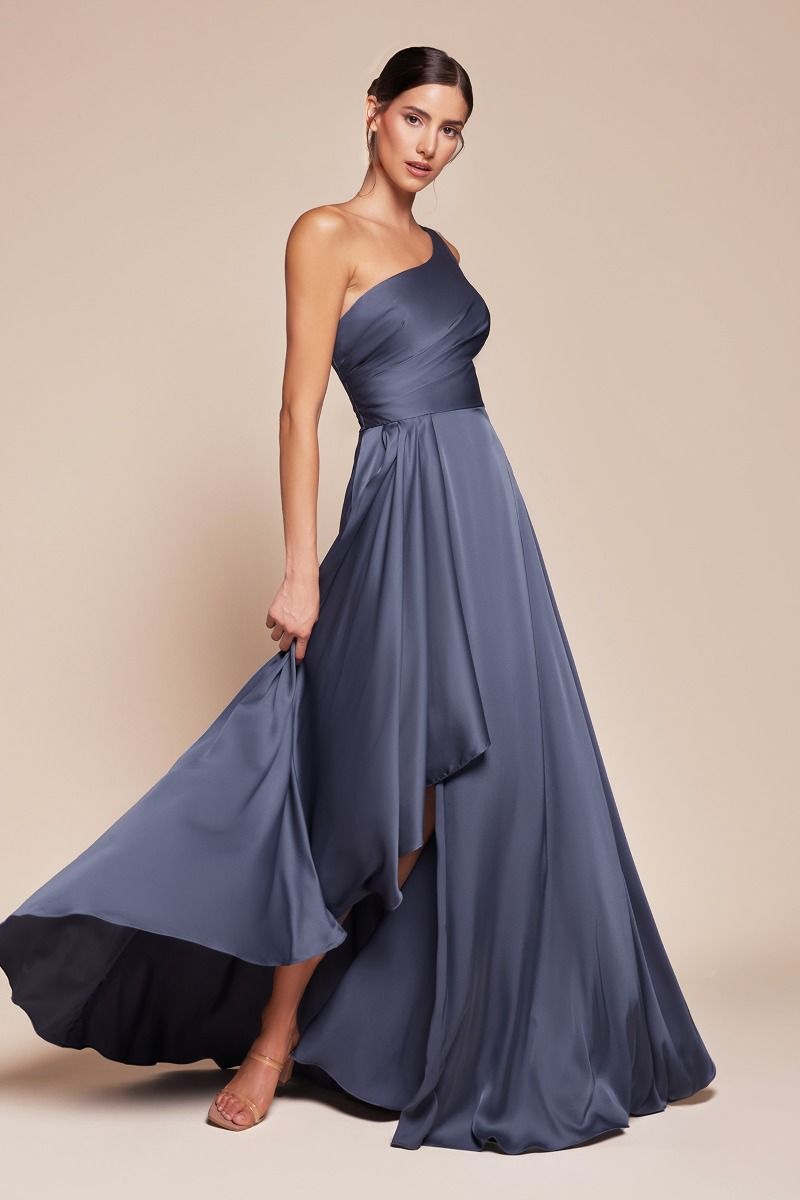 JASMINA one-shoulder satin bridesmaid dress with asymmetrical skirt, ideal for weddings and formal events. Brisbane to Gold Coast, Australia.