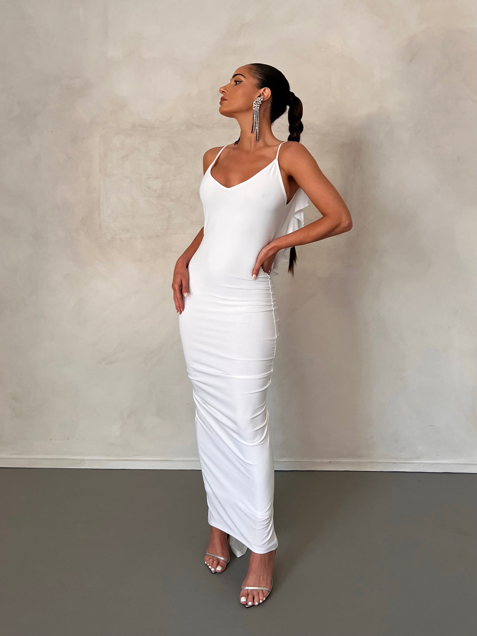 MÉLANI The Label BELLA White Low Back Midi Dress