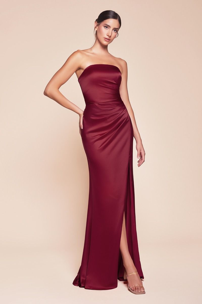 TIFFANY strapless satin dress with sash, featuring a sleek neckline and elegant leg slit. Semi-formal gown perfect for Brisbane to Gold Coast.