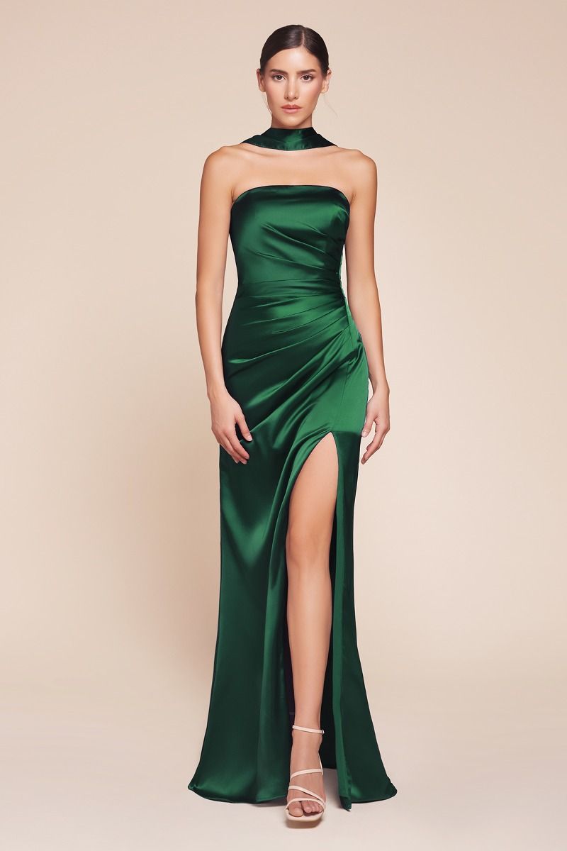 TIFFANY Strapless Satin Dress with satin slit, lace-up corset back, evening gown. Perfect for formal events. Brisbane to Gold Coast.