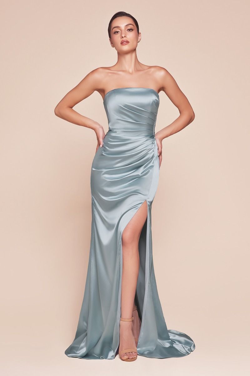 TIFFANY Strapless satin gown with gathered waistline and leg slit, ideal for bridesmaids or formal events. Brisbane to Gold Coast.