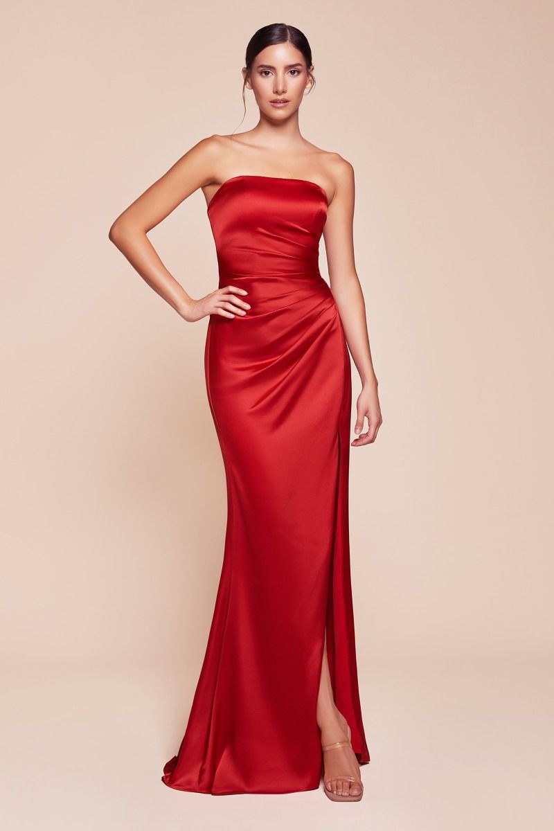 TIFFANY Strapless Satin Dress, sleek neckline, waist gathered, formal evening gown, Brisbane to Gold Coast, Australia.