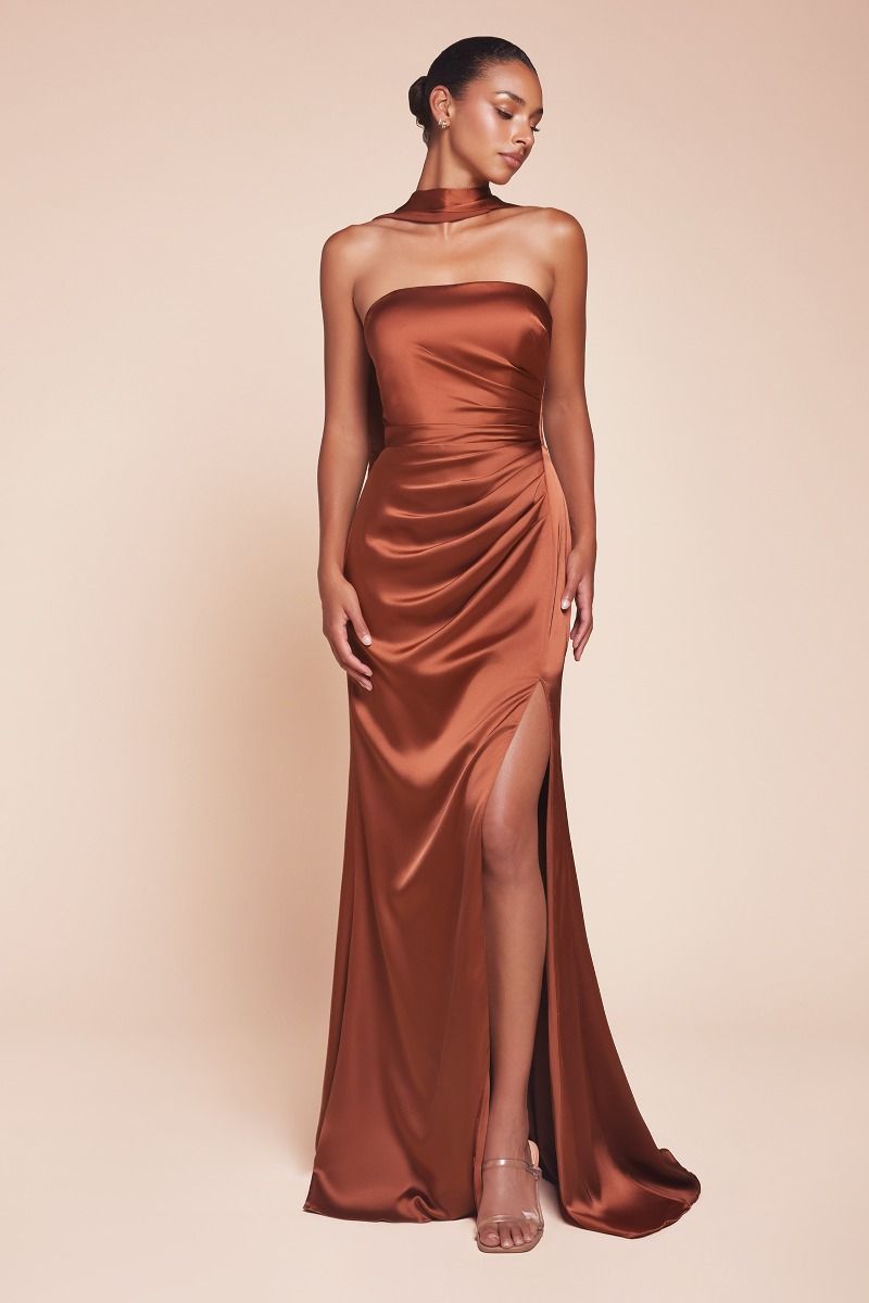 TIFFANY Strapless Satin Bridesmaid Semi Formal Dress with Sash in Australia | One Honey Boutique
