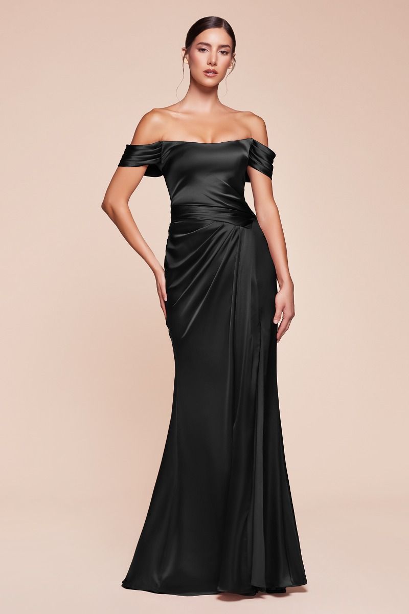SANJA elegant off-the-shoulder satin evening gown with lace-up corset and hip gather, perfect for formal events Brisbane to Gold Coast.