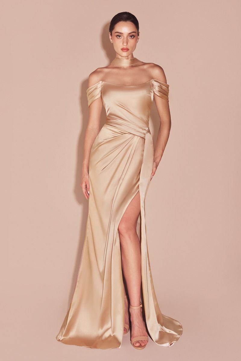 SANJA off-the-shoulder satin gown with lace-up corset and leg slit, perfect for formal events. Brisbane to Gold Coast.
