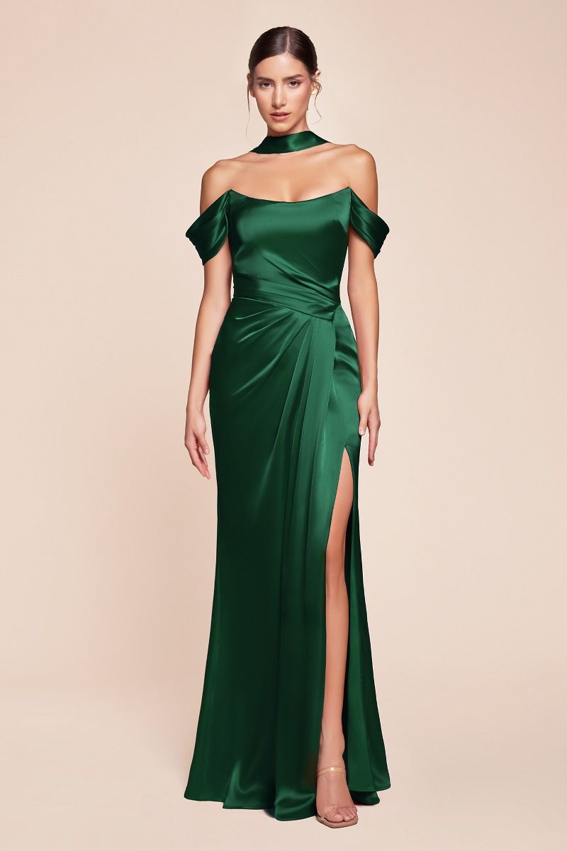 SANJA elegant off-the-shoulder lace-up satin bridesmaid dress with a chic slit, evening gown style. Brisbane to Gold Coast, Australia.