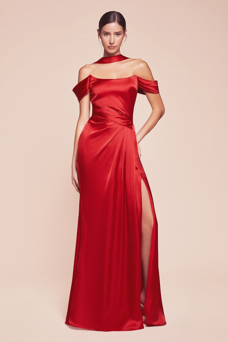 SANJA off-the-shoulder satin gown with lace-up corset and leg slit, ideal for bridesmaids. Brisbane to Gold Coast.