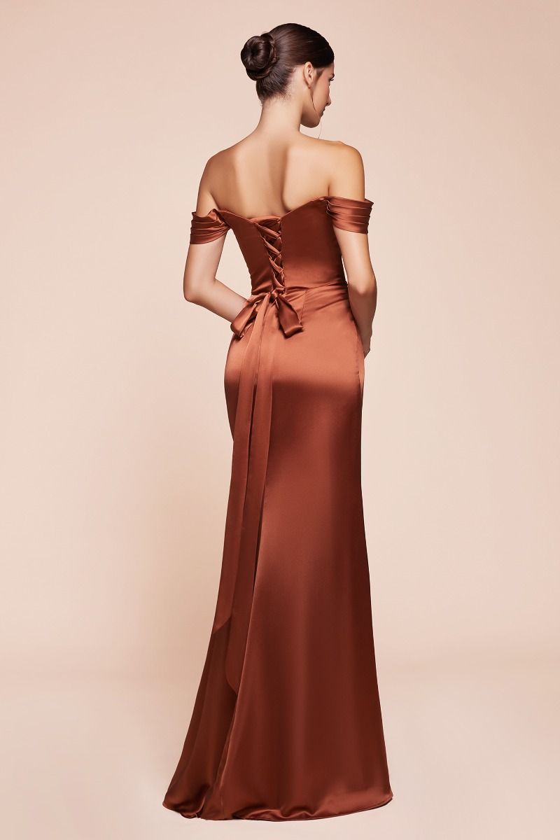 SANJA lace-up corset satin evening gown with off-the-shoulder design viewed from back, Brisbane to Gold Coast