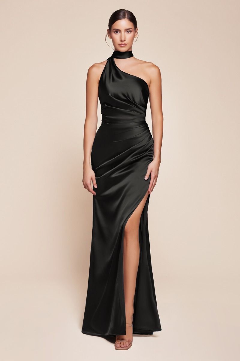 BETHANY one shoulder luxe satin gown with halter wrap neckline and leg slit, evening gown, Brisbane to Gold Coast, Australia.