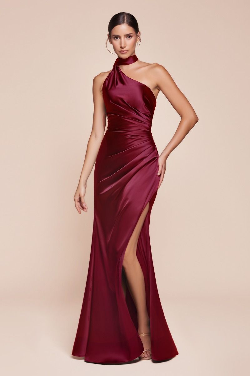 BETHANY One Shoulder Luxe Satin Gown with a wrap halter neckline and elegant leg slit, bridesmaid dress from Brisbane to Gold Coast.