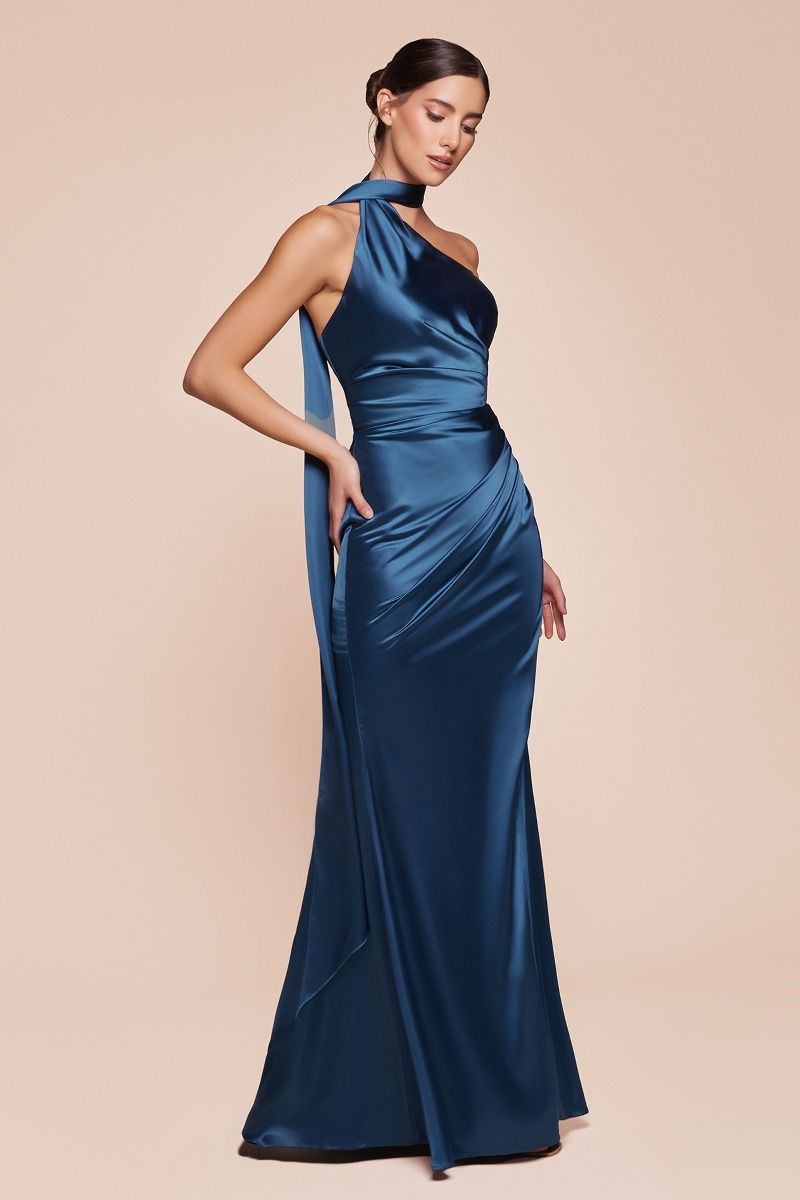 BETHANY One Shoulder Luxe Satin Fitted evening gown with wrap halter neckline and leg slit. Perfect for Brisbane to Gold Coast.