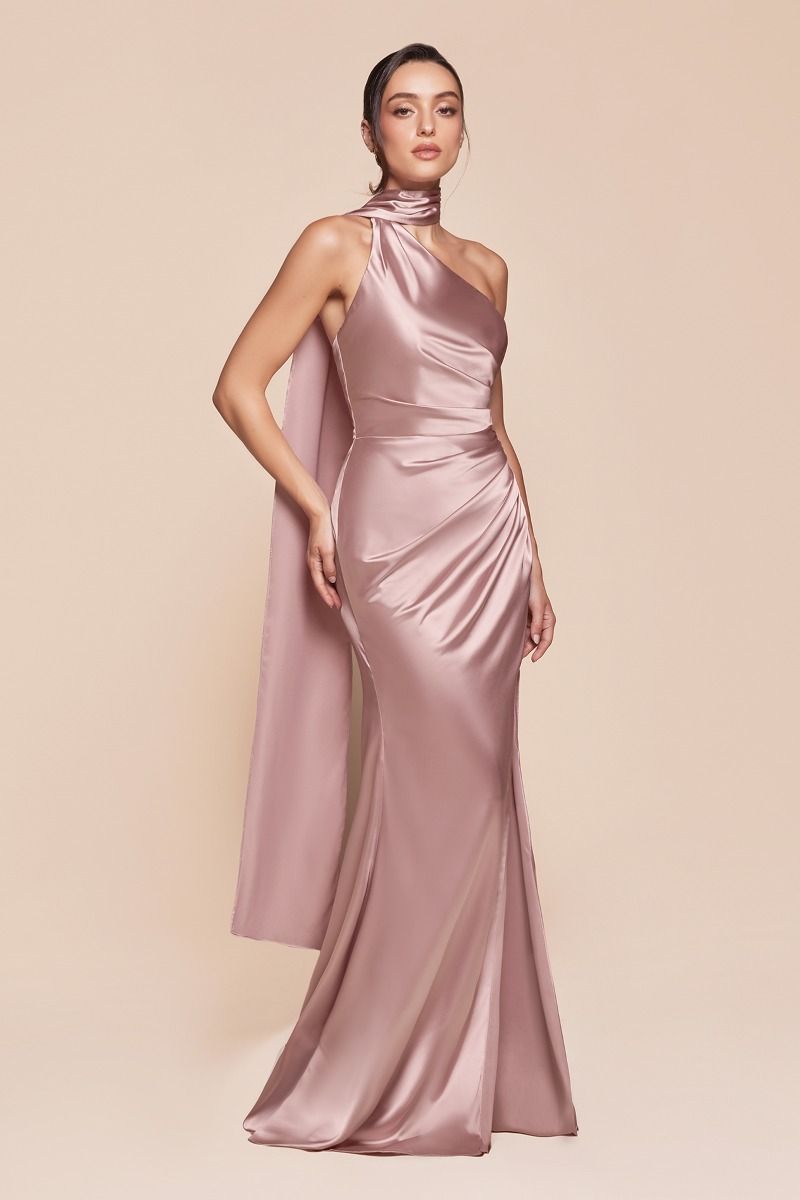 BETHANY satin one-shoulder gown with halter neck and waist draping, formal evening dress, Brisbane to Gold Coast, Australia