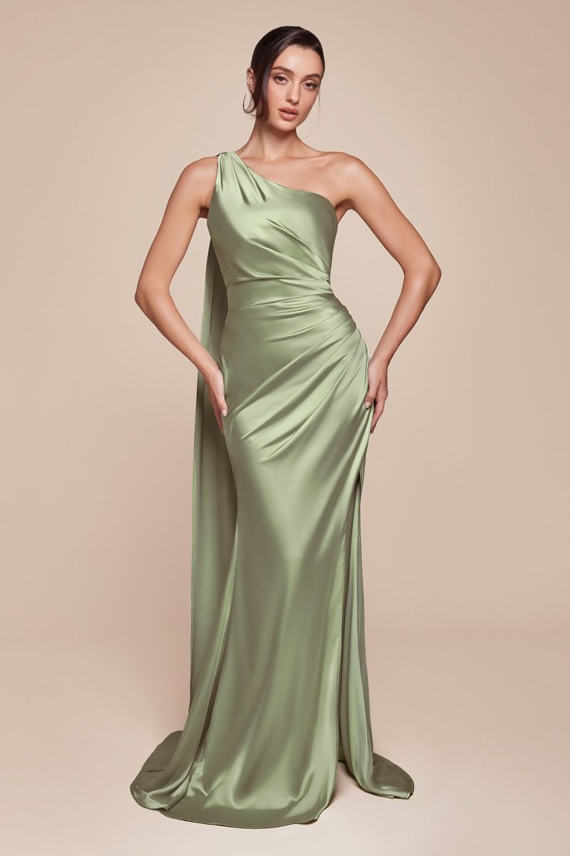 BETHANY satin gown with one-shoulder wrap and leg slit, evening dress suitable for formal occasions, Brisbane to Gold Coast.