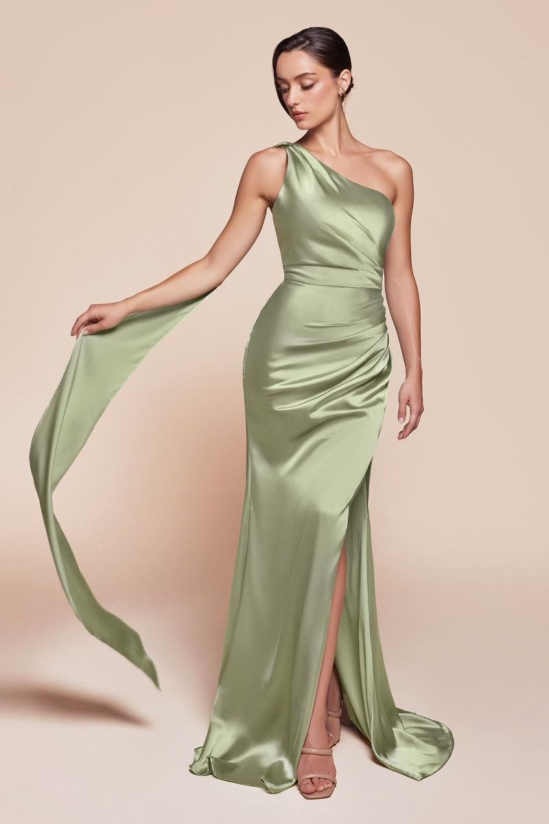 BETHANY one-shoulder satin fitted bridesmaid gown with gathered waist and leg slit, evening wear, Brisbane to Gold Coast.